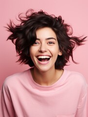 Photograph happy smiling woman on colorful background