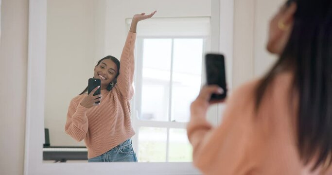 Woman, mirror selfie and home with smile, memory and post on web blog with kiss, funny face and excited. Happy influencer girl, photography and pout in profile picture for social media app in house