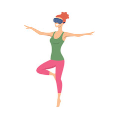 Cartoon Color Character Girl and Metaverse VR Glasses Digital Technology Goggle Concept Flat Design Style. Vector illustration of Yoga Pose