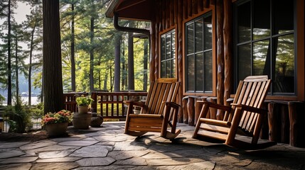 Fototapeta na wymiar The front porch of a rustic log cabin is furnished with wooden Adirondack chairs