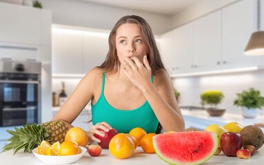 Obraz na płótnie Canvas Happy young woman eats fresh fruits, AI generated image