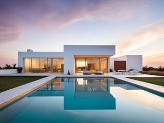 Fototapeta premium Evening Glow: Villa Architecture with Swimming Pool at Sunset