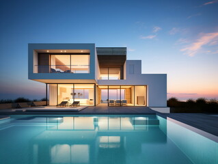 Evening Glow: Villa Architecture with Swimming Pool at Sunset