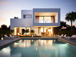 Fototapeta na wymiar Evening Glow: Villa Architecture with Swimming Pool at Sunset