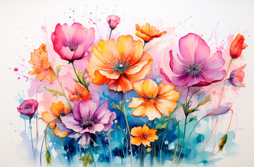 Watercolor flowers on watercolor paper. Beautiful illustration.