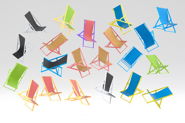 Many of flying striped beach chairs for summer getaways isolated on white