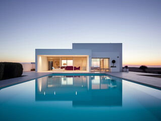 Evening Glow: Villa Architecture with Swimming Pool at Sunset