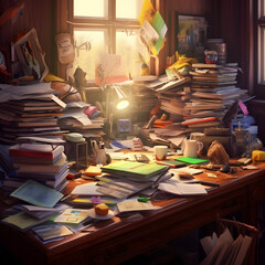 overflowing desk, cluttered with notebooks, papers, and other objects, with a handwritten to-do list
