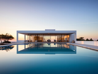 Fototapeta premium Evening Glow: Villa Architecture with Swimming Pool at Sunset