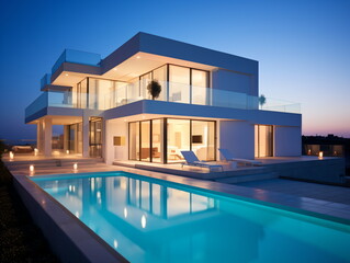 Fototapeta premium Evening Glow: Villa Architecture with Swimming Pool at Sunset