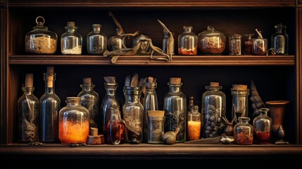 On an old shelf, there are magic items and antique bottles. The idea of creating magic spells, alchemy potions, and elixirs is present.