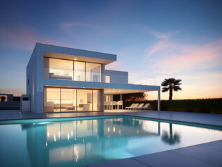 Fototapeta premium Evening Glow: Villa Architecture with Swimming Pool at Sunset