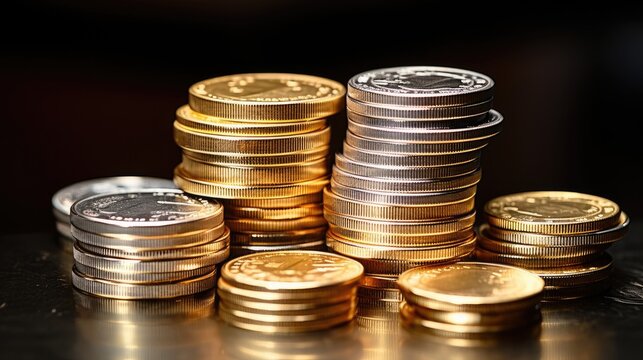 An image of a stack of shiny bullion coins made from precious metals like gold, silver, and platinum