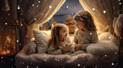 Obraz na płótnie Canvas Two beautiful kids in christmas room winter weather snow