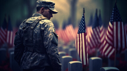 soldier standing near american flag and american war