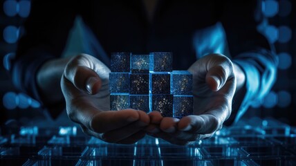 A person wearing gloves while handling data cubes, illustrating the meticulous transformation and organization of data before loading - obrazy, fototapety, plakaty