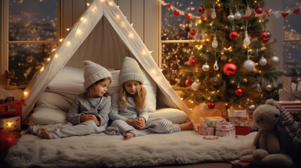 Obraz na płótnie Canvas two children in bed near beautiful christmas tree and enjoy a Christmas day 25 december