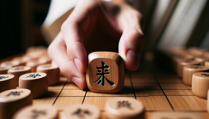 Close-up of a shogi piece being moved, showcasing the grain and kanji inscription - obrazy, fototapety, plakaty
