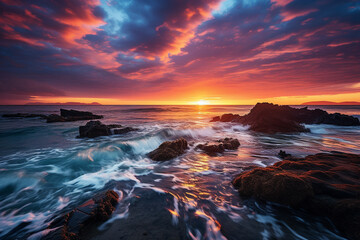 Obraz premium Beautiful coastal sunset, where vibrant colors paint the sky and dramatic clouds create a mesmerizing display of colors. Ai generated