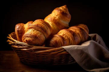 Closeup of croissant bread displayed in a basket on a dark background. Generative AI