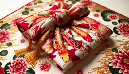 Fototapeta na wymiar Vibrant Furoshiki cloth with intricate koi fish and water lily design adorned with tassels