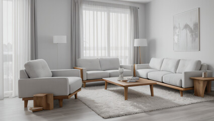 Lichtdurchflutetes Wohnzimmer mit eleganter Einrichtung und großen Fenstern, moderne Couch / Sofa, große Vorhänge, Einrichtungsideen, Dekoartikel