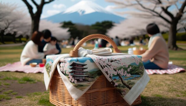 Picnic basket wrapped using Furoshiki technique displaying Mount Fuji landscape with a family enjoying a meal behind