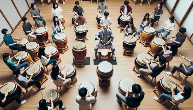 High angle view of a Taiko drumming class in progress