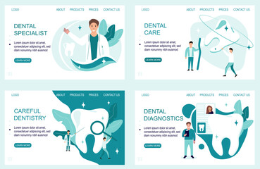 Dentist profession web banner or landing page set.Dentists diagnose the problem, treat teeth and provide dental care. Idea of dental and oral care. Caries treatment.Vector illustration.