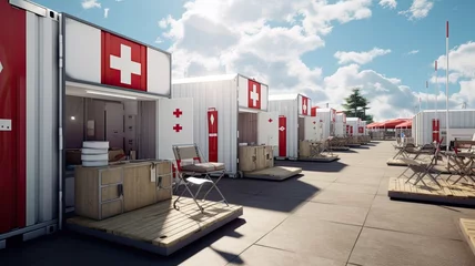 Fototapeten green metal army container boxes set up as a field ambulance demonstration during the military © lililia