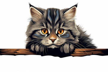 kitten crouching intently looking.  graphic poster style painting illustration with white background