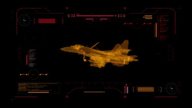 Digital Blueprint Scan of Russian Single-Seat, Twin-Engine, Super Maneuverable Air Superiority Fighter SU 35 Flanker E . Futuristic User interface HUD 360 View.