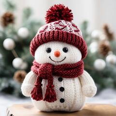 Close up of handcrafted snowman figurine in red hat and skarf standing on wooden table in living room, winter holiday decoration. New Year accent decor in home interior.