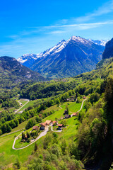 Panoramic view of Meiringen, near Reichenbach falls (Reichenbachfall) at the Swiss Alps in...