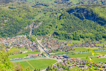 Fototapeta na wymiar Panoramic view of Meiringen, near Reichenbach falls (Reichenbachfall) at the Swiss Alps in Switzerland
