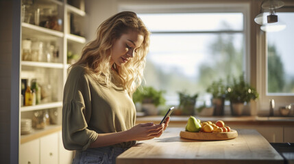 Young girl in the kitchen looking at her phone checking a recipe for cooking