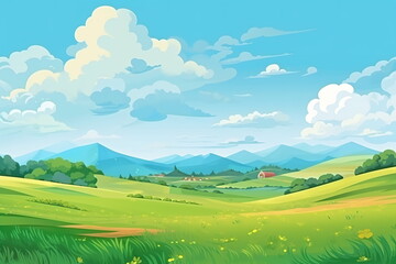 Obraz premium Vast Serenity: Illustration of Grassland, Blue Sky, White Clouds, and Distant Mountains