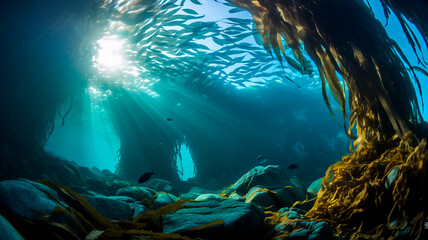 Fototapeta na wymiar underwater scene in the sea with colorful rays of light