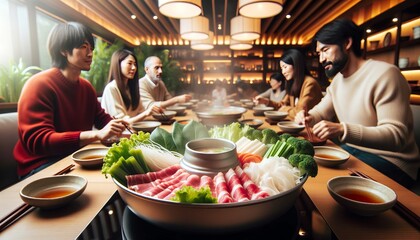 Traditional Japanese shabu-shabu meal with diverse group