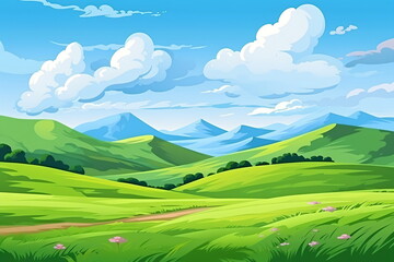 Obraz premium Vast Serenity: Illustration of Grassland, Blue Sky, White Clouds, and Distant Mountains