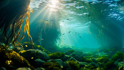 underwater scene in the sea with colorful rays of light