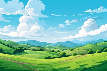 Naklejka premium Vast Serenity: Illustration of Grassland, Blue Sky, White Clouds, and Distant Mountains