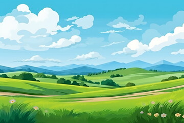 Obraz premium Vast Serenity: Illustration of Grassland, Blue Sky, White Clouds, and Distant Mountains