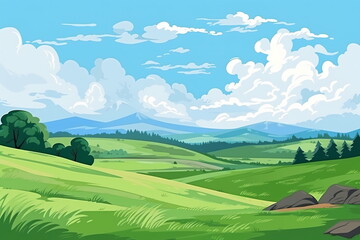 Fototapeta premium Vast Serenity: Illustration of Grassland, Blue Sky, White Clouds, and Distant Mountains