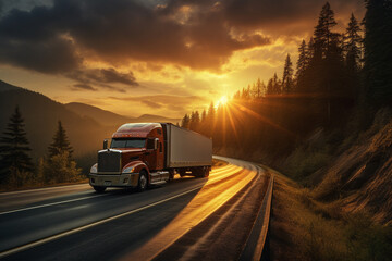 Transportation truck as it journeys along a vast highway, with the sun setting on the horizon. Ai generated