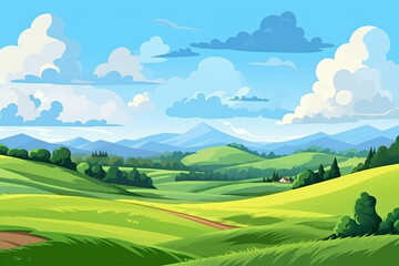 Vast Serenity: Illustration of Grassland, Blue Sky, White Clouds, and Distant Mountains