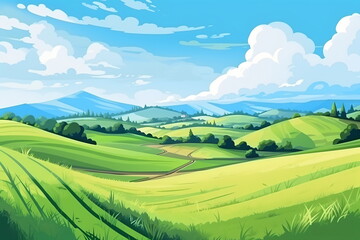 Vast Serenity: Illustration of Grassland, Blue Sky, White Clouds, and Distant Mountains