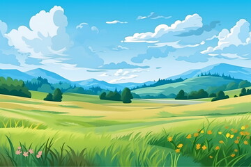 Fototapeta premium Vast Serenity: Illustration of Grassland, Blue Sky, White Clouds, and Distant Mountains