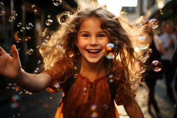 Fototapeta premium little girl running on the street behind soap bubbles