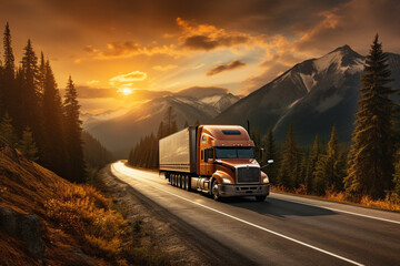 Transportation truck as it journeys along a vast highway, with the sun setting on the horizon. Ai generated - obrazy, fototapety, plakaty